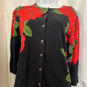 ISAAC MIZRAHI LIVE! black red rose cardigan sweater top Women S